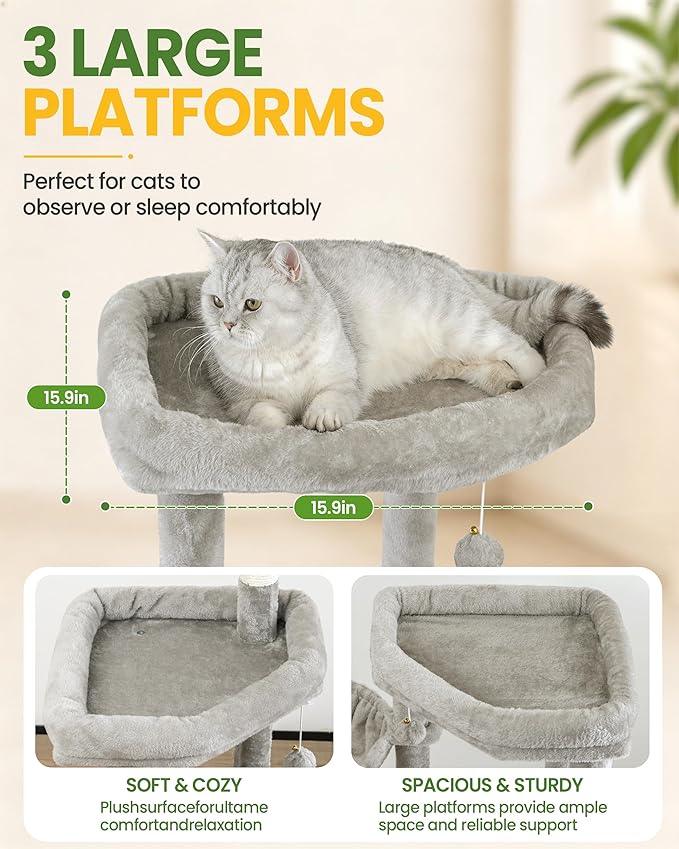 Cat Tree Tower for Indoor Cats, 67 inch Multi-Level Tall Climbing Tower with 3 Large Platform, Scratching Post, Hammock, Kitty Condo for Multiple Cats, Modern Cat Tree Furniture Heavy Duty, Light Grey