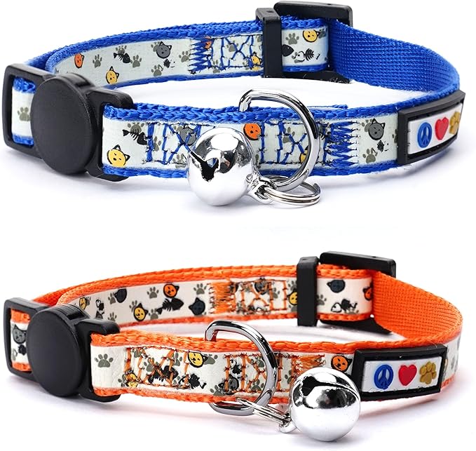 Pawtitas Glow in the Dark Cat Collar with Breakaway Safety Buckle & Bell Adjustable Kitten Collar, Set of 2 GID Blue/Orange