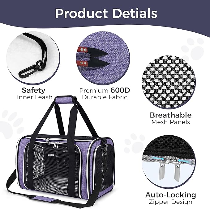 BAGLHER Pet Travel Carrier, Cat Carriers Dog Carrier for Small Medium Cats Dogs Puppies, Airline Approved Small Dog Carrier Soft Sided, Collapsible Puppy Carrier, Purple