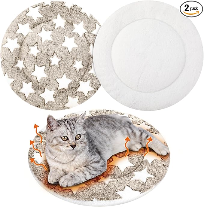 VitalCozy 2 Pack Self Heating Cat Pad Self Heating Cat Bed Machine Washable Heat Pet Mat Reversible Body Thermal Warm Round Dog Bed Crate Blanket for Feral and Indoor Cats(16'',Apricot Large Star)