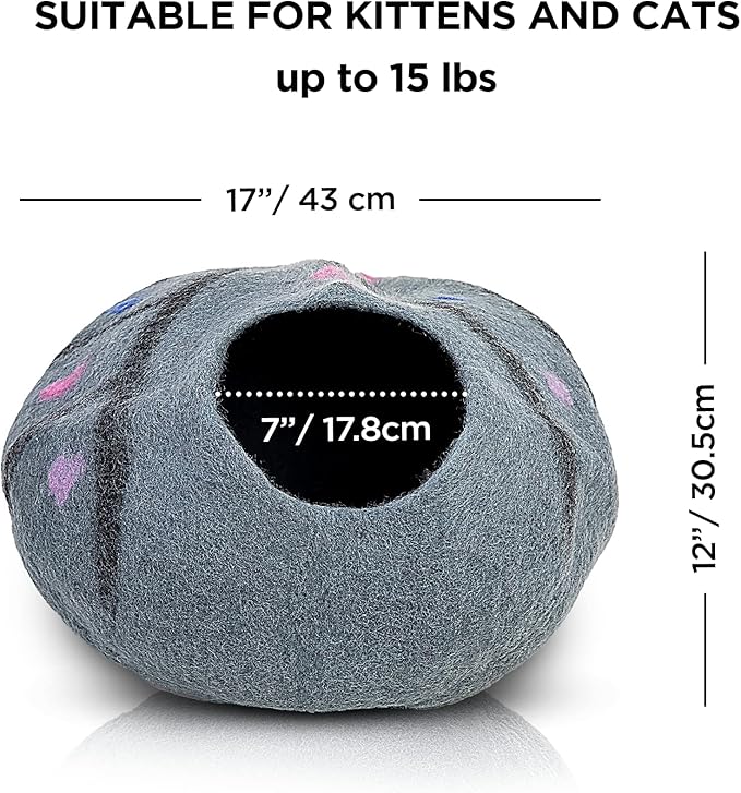 Woolygon Premium Felt Cat Cave Bed – Wool Kitty Beds Handcrafted Kitten Caves Bed for Indoor Cats - Made from Merino Wool, Foldable Cat Hideaway Covered Cat House Pod (Enchanted)
