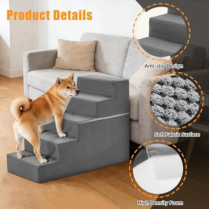 NEWBULIG 5-Step Dog Stairs, 22.5" H Dog Steps for High Bed, Non-Slip Sturdy Pet Steps for Small Dogs and Cats, Pet Ramp for Sofa and Chair Indoor(Grey)
