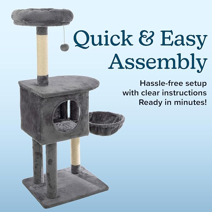 47” Tall Cat Tree Tower - Cat Tower with Hammock, Napping Perches, Kitten Condo, 2 Rope Scratching Posts, and Hanging Toy - Multi-Level Kitten Tree and Climbing Activity Furniture by PETMAKER (Gray)