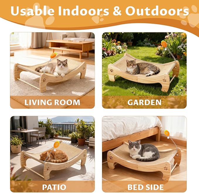 Cat Scratcher Bed with Interactive Carrot Toy - 3-in-1 Wooden Sisal Scratching Pad, Hammock Lounge & Play Center for Indoor Cats - Furniture Protector, Solid Wood Frame (Large)