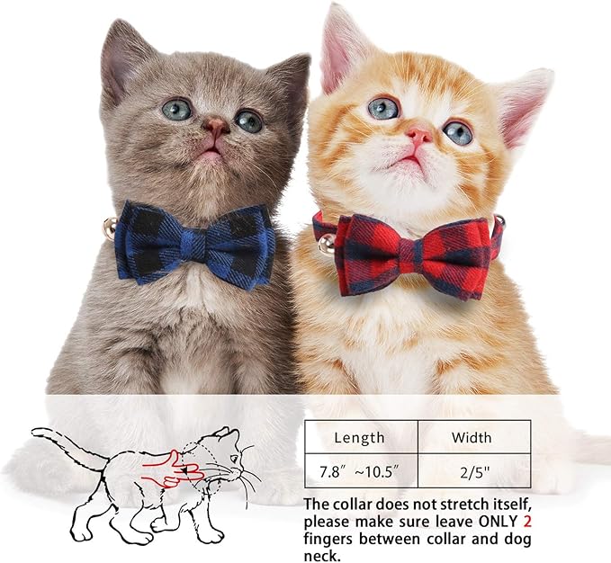 2 Pack/Set Cat Collar Breakaway with Cute Bow Tie and Bell for Kitty and Some Puppies, Adjustable from 7.8-10.5 Inch