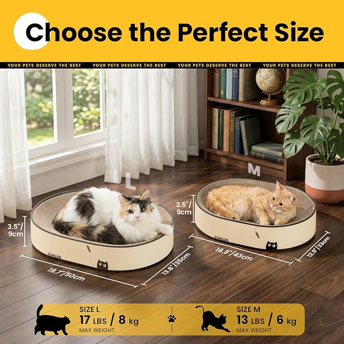 Conlun Oval Cat Scratcher Bed, 2-in-1 Cat Scratching Board, Natural Corrugated Cardboard Scratch Pad Lounge, Sealed Base Traps Debris,No Assembly Kitty Furniture,Stylish Colors Blends Any Home Decor