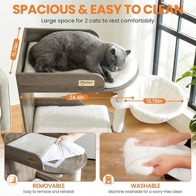 Modern Wood Cat Tree Tower for Indoor Large Cats, Cat Scratching Posts with Big Perch Bed, 44.8" Tall Multi-Level Wooden Cat Condo with Hammock, Removable Pads, Kitty Furniture, Greigy