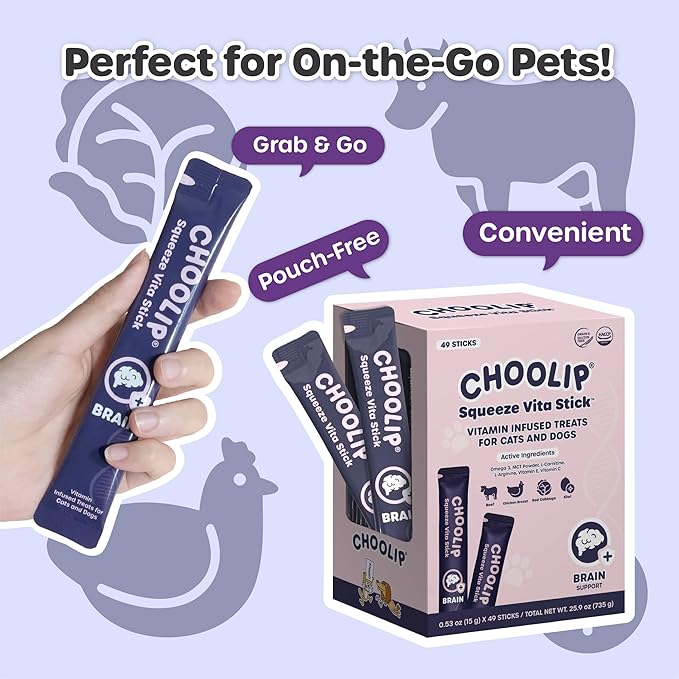Choolip Squeeze Vita Stick Brain Support Lickable Cat and Dog Treats, 49-Count – Beef and Chicken Soft Puree with DHA, CoQ10 & Vitamin E for All Life Stages