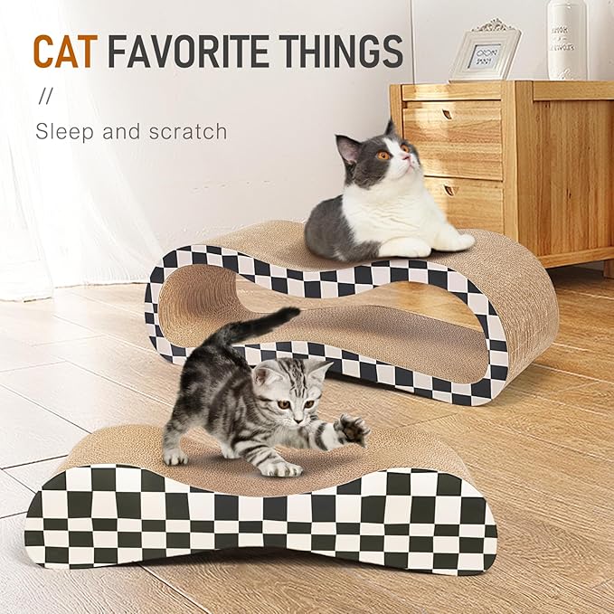 FluffyDream 2 in 1 Cat Scratcher Cardboard Lounge Bed, Cat Scratching Post, Durable Board Pads Prevents Furniture Damage,Large,Checkerboard