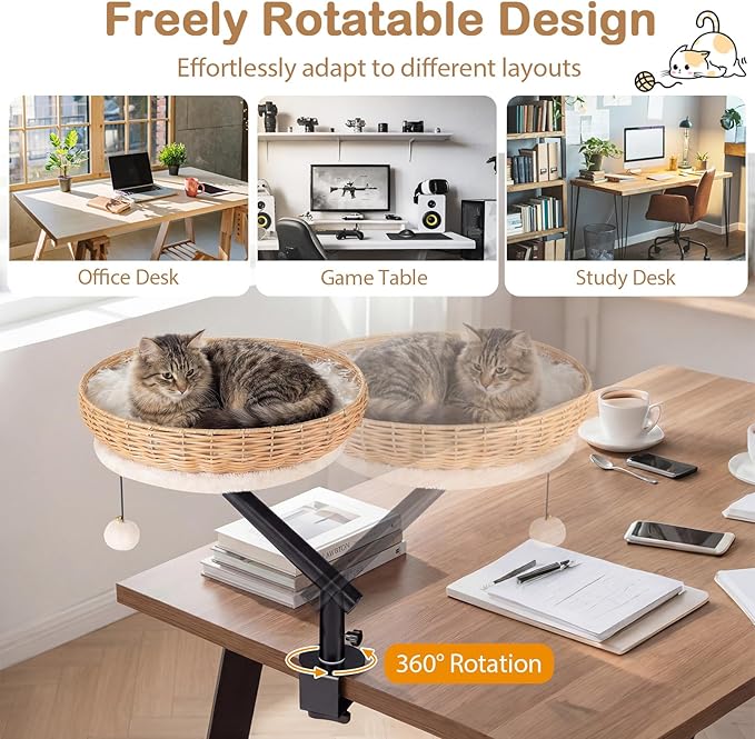 Tangkula Cat Desk Bed, 360° Rotatable Rattan Desk Cat Bed Attachment with Removable Padded Cushion, Hanging Jingling Ball & Secure Clamp, Elevated Pet Nest Perch Hammock for Various Desktops