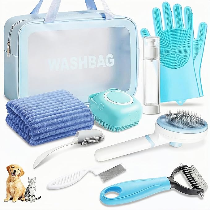 9PCS Dog Bath Kit & Dog Brush Kit for Dogs & Cats - Professional Pet Grooming Tools Set with Shedding Brush, Bath Scrubber, Dematting Comb & Storage Bag - Complete Dog Washing Essentials, Blue