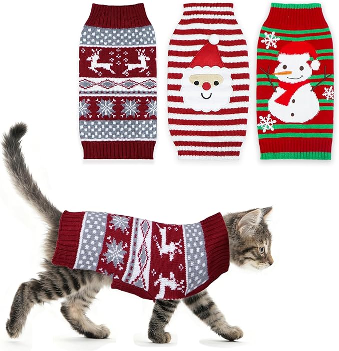 GOYOSWA 3 Pack Cat Christmas Sweater, Knit Pet Cat Sweaters Warm Coat Clothes Santa Reindeer Snowman Christmas Sweater Outfit for Cats Kitten Puppy S