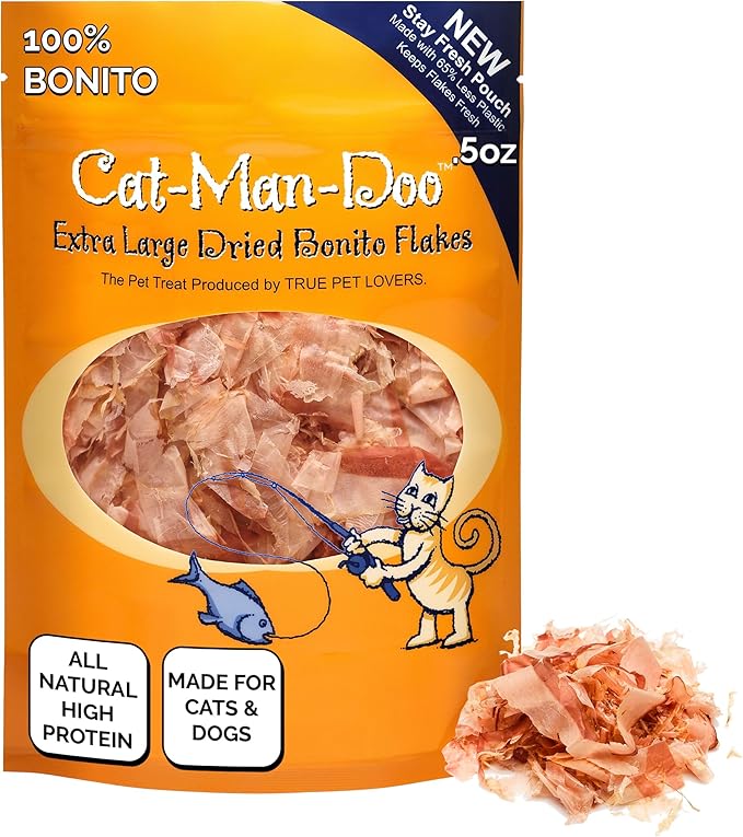 Cat-Man-Doo | Bonito - .5 oz. Bag | Bonito Fish Flakes for Cat & Dog Treats | Healthy, Single Ingredient, Treat or Food Topper, High Protein