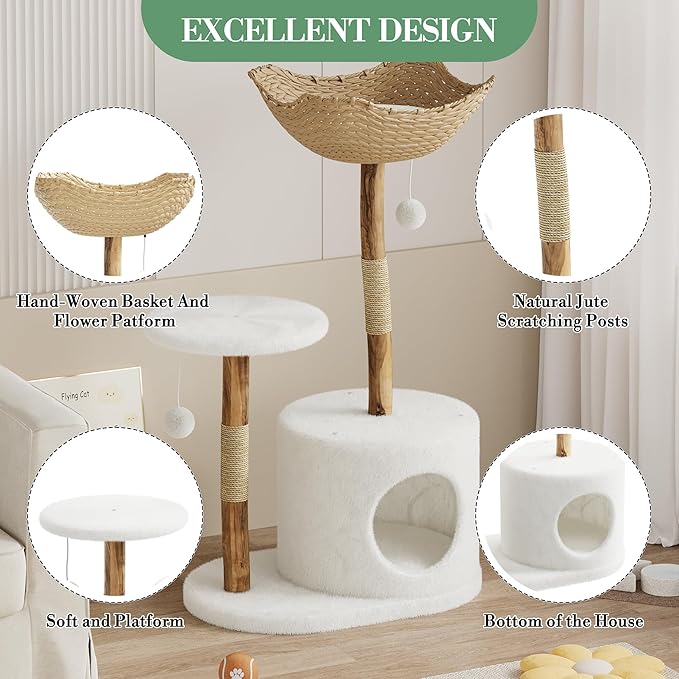 Modern Real Wood Cat Tree Tower, Multi-Level Cat Condo with Natural Wicker Basket, Scratching Posts & Dangling Balls, Tall Climbing Trees Pet Furniture with Platforms for Large Cats
