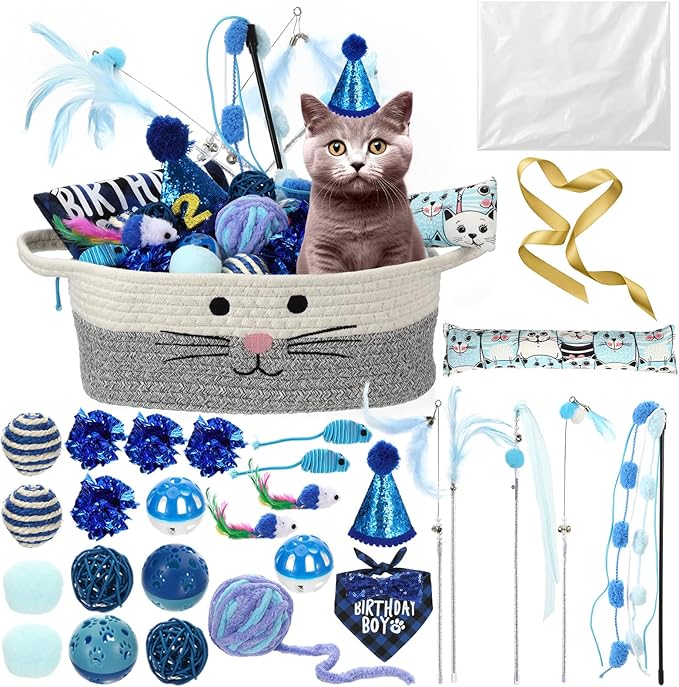 Zopeal Graduation Cat Toy Set Interactive Cat Toys Pack Including Feather Teaser Wand Plush Gift Outfit Mice Crinkle Balls and Pet Bell Balls, Puzzle for Indoor Cats Gift Basket for Kitten(Blue)