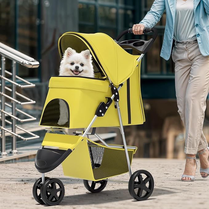 Magshion 3-Wheel Pet Stroller, Foldable Travel Jogger for Small & Medium Dogs & Cats (Up to 33lbs), Lightweight Carrier with Breathable Mesh Cover, Cup Holder & Storage Basket, Yellow