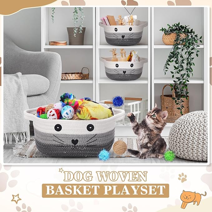 Zopeal 58 Pcs Summer Graduation Cat Storage Basket Gift Toys Set, Colorful Flashing Balls Pet Bell Crinkle Balls Spring Toys Attract Cat to Swat, Hunt, Interactive for Pet(Multicolor,9.8 Inch)