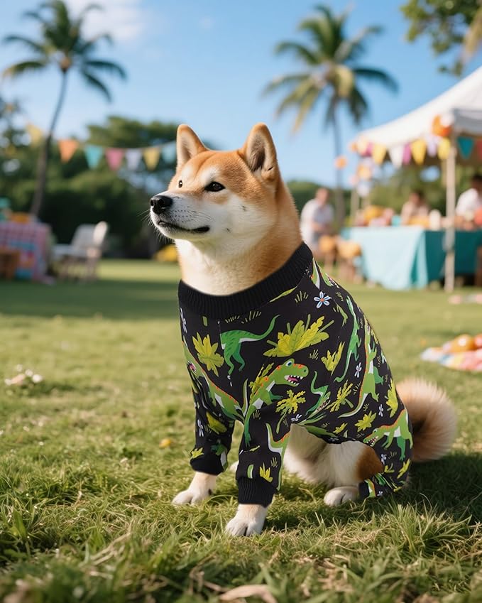 PET SHOW 4 Pack Dog Pajamas Dinosaur Shark for Small Medium Dogs Boy Soft Stretchy PJs Plaid Jumpsuit Dog Paw Onesies Outfits with Sleeve Pets Breathable Summer Clothes Costume XL