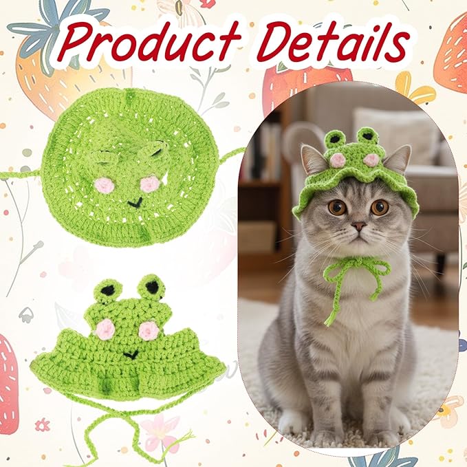 2pcs Cat Crochet Hat Crochet Hats for Kittens Cute Knitted Hat Frog and Strawberry Cat Hats Cartoon Strawberry Design Knit Cotton Soft Only Puppy Small Pets On Christmas Birthday Party Halloween