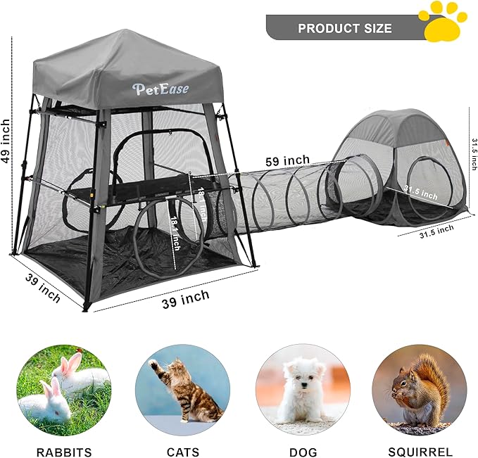 Catio Outdoor Cat Enclosure, 3-in-1 Extra Large Portable Cat Playpen with Tower Tent & Tunnel, Foldable Waterproof Mesh Catio for Indoor Outdoor Cats & Small Pets