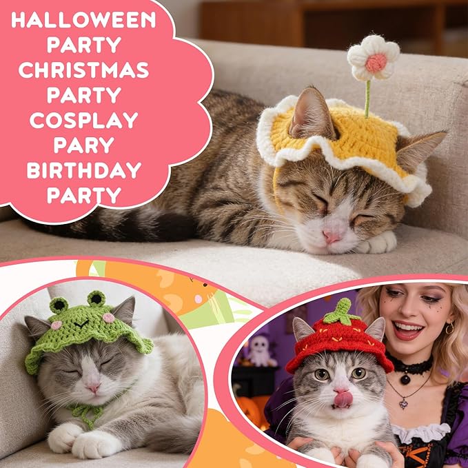 8 Pcs Cat Costume Hats, Cat Costume Halloween Bear Hat Outfit with Ears, Lion Pet Hat, Funny Pet Hats for Kitten and Small Dogs Puppy Party Christmas Easter Accessory Headwear