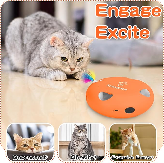 2-in-1 Rechargeable Interactive Cat Toy, Smart Sensor Pop-Up Feather Toy with 7 Holes, USB Powered Automatic Kitten Toy for Indoor Cats, Orange