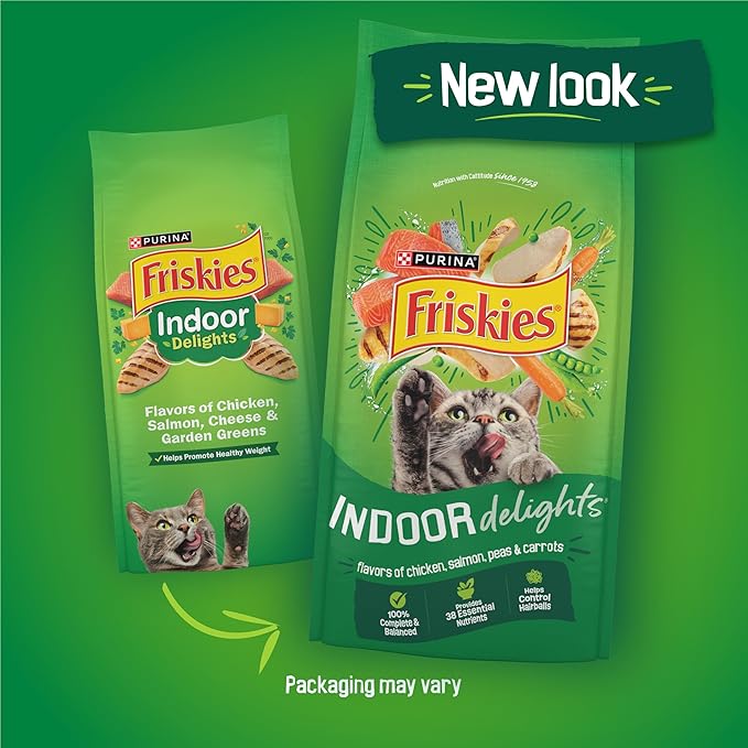 Purina Friskies Dry Cat Food Indoor Delights Flavors of Chicken, Salmon, Peas, and Carrots - (Pack of 4) 3.15 lb. Bags