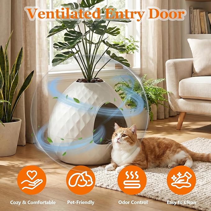 Hidden Cat Litter Box, Hidden Litter Box with Faux Plant & Pebbles, Easy to Assemble and Clean, Suitable for Living Room, Bedroom, Corner, Easy Clean, Indoor