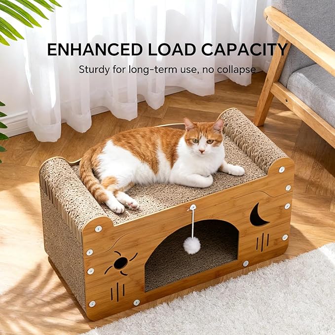 Wooden Cat Scratching House: 3-in-1 Cave, Bed, and Toy Hideaway - – Durable Indoor Hideaway Furniture for Cats & Kittens