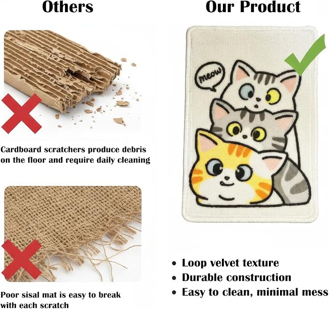 3-in-1 Cat Scratch Mat, 19.69x13.78 Inch High-Density Loop Pile Cat Scratching Pad, Indoor Cat Scratcher Bed & Furniture Protector for Couch Floor Wall
