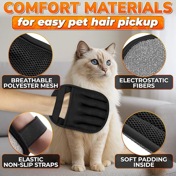Cat Hair Remover Glove – Electrostatic Five-Finger Fur Remover for Cats & Dogs, Reusable Polyester 9.25"x6.69" for Couch, Carpet, Car Seat, Furniture & Clothing, Quick Pick-Up for Simple Tidying