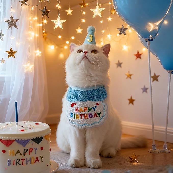 Reusable Cat Birthday Decorations Set - Adjustable Cat Birthday Hat & Bandana with Age Numbers | Kitty Celebration Kit for Memorable Milestones（Blue）