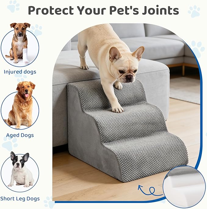 DUMOS Dog Stairs Ramp for Small Dogs and Cats, 3-Step Curved Pet Dog Steps with High-Density Foam for Puppy and Older Cats, Indoor Non-Slip Pet Ladder Ramp Stairs for Couch, High Beds, Sofa, Car-Grey