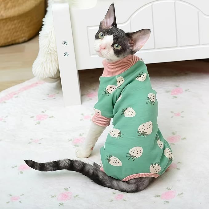 Sphynx Cat Sweater –Hairless Cats Shirt Pullover Kitten T-Shirts with Belly-Wrap Protection, Soft-Stretch Winter Clothes for Hairless Cats, Indoor Kitten Apparel (Pink&Green, XS)