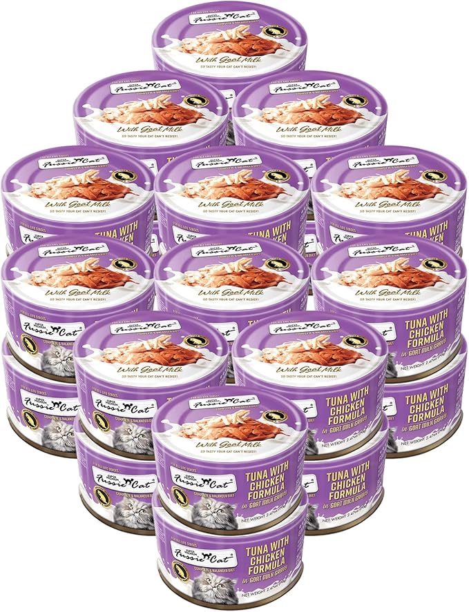 Fussie Cat Premium Canned Wet Cat Food in Goat Milk Gravy - 2.47 oz Cans - Case of 24 Cans (Tuna & Chicken)