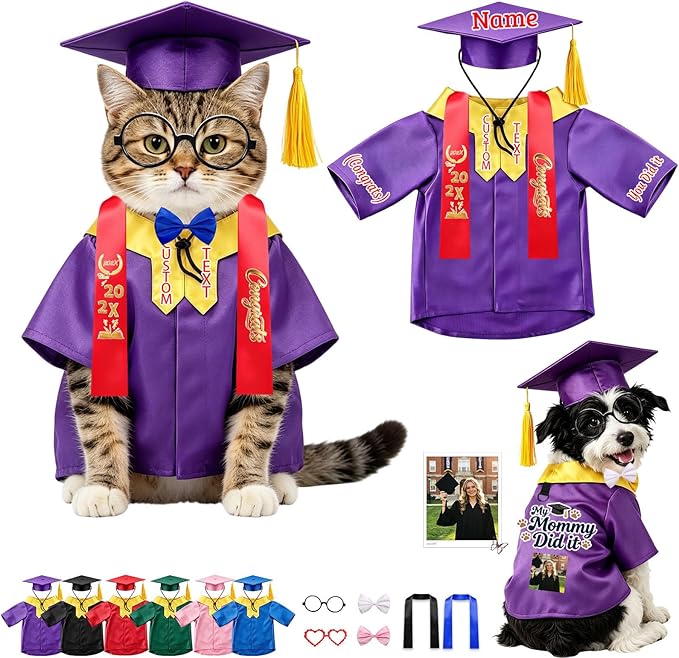 Personalized Cat Graduation Cap and Gown with Name Photo and Tassel, Custom Adjustable Pet Graduation Costume for Small Medium Large Cats Dogs Ceremony Photo Props