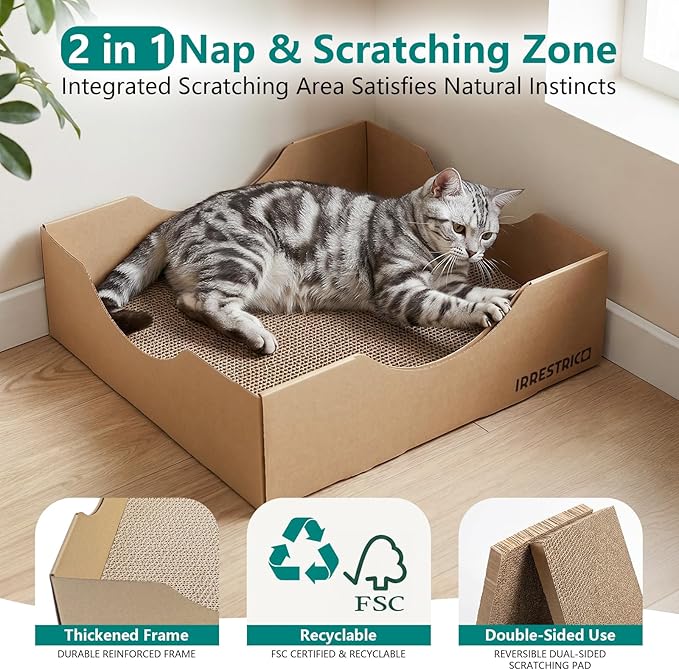 Cardboard Cat House with Replaceable Scratcher & Waterproof Cushion, 2-in-1 Cat Lounge Bed & Scratch Box, Eco-Friendly Cat Furniture Cube Cat Bed for Indoor Cats 13.8"