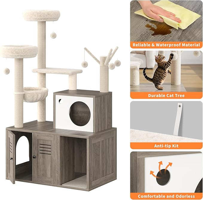 TrailBlaze Cat Tree with Litter Box Enclosure, Wooden Cat Condo with Platform, Hammock, Pompoms, Scratching Posts, All-in-One Cat Furniture for Indoor Kitten, 31.5" l x18.9 w x55.1 h(Grey)