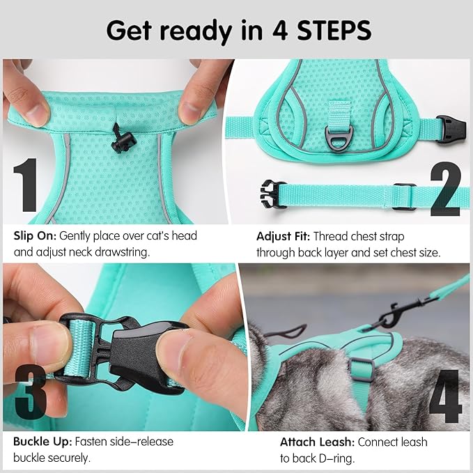 Dotoner Escape Proof Cat Harness and Leash Set Adjustable Soft Mesh Vest for Walking Safe Travel Vet Visit with Reflective Strips for Cats and Kittens(Turquoise-M)