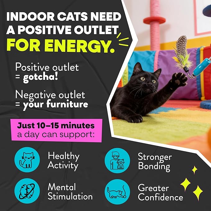 Jackson Galaxy Gotcha! Cat Wand Toy - Retractable Cat Toy for Engaging Play - Telescoping Wand with Natural Feathers for Indoor Cats - Foundational Tool for Cat Wellness and Interactive Bonding Play