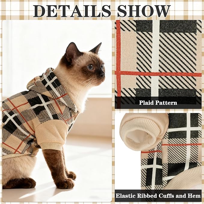 EXPAWLORER Plaid Cat Hoodie - British Style Warm Cat Sweater Shirt with Leash Hole,Pet Clothes Outfits,Winter Coat Apparel for Puppy Cats Girl Boy-Kitten Apparel,Beige XL