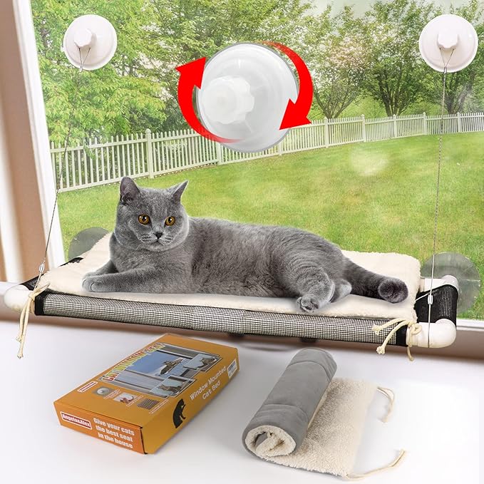 ZALALOVA Cat Perch, Cat Window Seat Large Sturdy Bed Fleece Blanket 2026 Latest Screw Suction Cups Resting with Blanket(Brown)