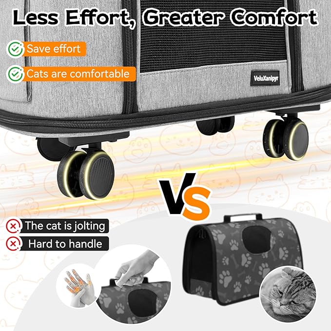Pet Carrier with Wheels,Rolling Cat Carrier with Adjustable Pull Rod for Travel,Outdoor Use,Airline Approved Dog Carrier with Handle,Gray