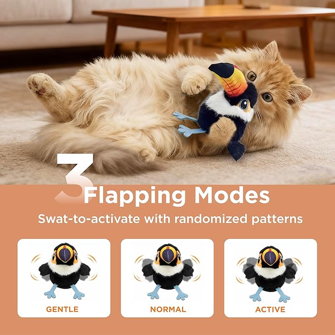 Flapping Bird Cat Toy, Small & Lightweight Catnip Toy for Cats, Interactive Cat Toy with Motion & Chirping Sound for Indoor Cats, Toucan Flappy Bird Cat Toy