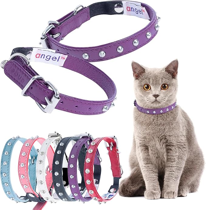 Studded Cat Collar, Genuine Leather Kitten Collar, Sturdy Breakaway Cat Collar with Bell and Elastic Stretch,Cat Accessories, Orchid Purple, 12 x 1/2 inches - Angel Pet Supplies