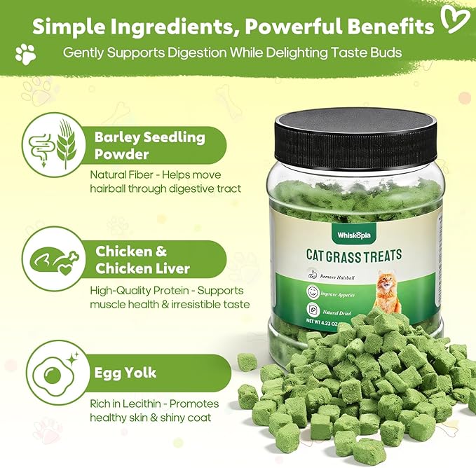 4.23oz Cat Grass Treats for Indoor Cats Freeze-Dried Cat Grass Pellets for Hairball Control, Gut Health & Dental Care Natural Chicken & Egg Yolk Kitten Crunchy Training Snacks