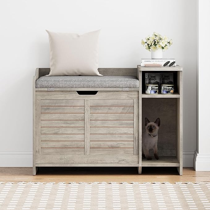 TROPOW Cat Litter Box Enclosure Furniture with Top Opening and Cushion, Hidden Litter Box Cabinet with Storage, Privacy Cat Box Enclosure, Grey