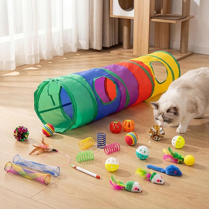 iCAGY 25 Pcs Cat Toys for Cats, Indoor Kittens - Interactive Variety Pack, 45 inches Rainbow Cat Tunnel, Feather Teaser, Feather Golf, Mice, Springs, Balls, Noise Toys - Rainbow/Colorful 45"