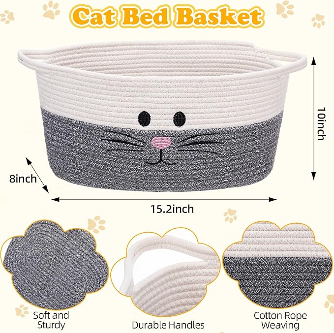 Leitee 100 Pcs Cat Storage Basket Gift Toys Set Cute Cotton Rope Basket, Fish Plush Mice Pet Bell Colorful Crinkle Balls Spring Toys Attract Cat to Swat, Hunt, Interactive for Pet(Basic,Grey,White)