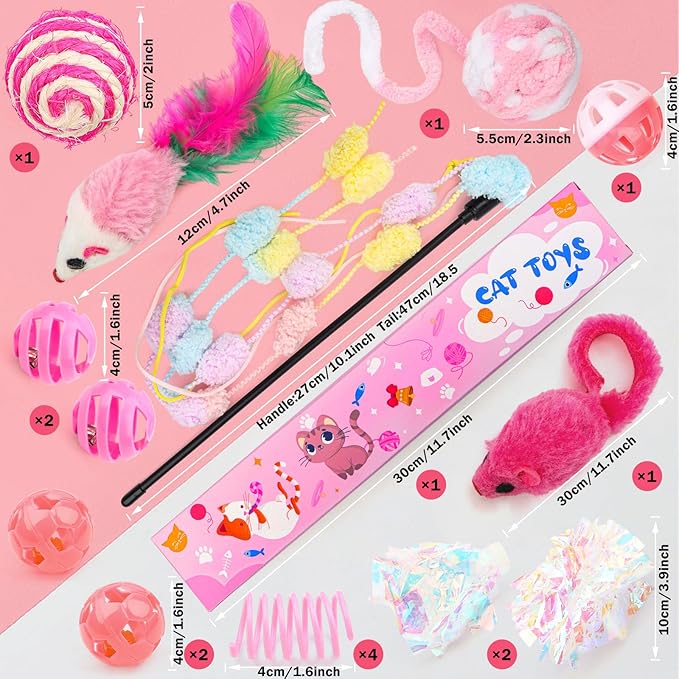 QUOZUO 16Pcs Cat Toy Set Pink Kitten Toys Pack Including Feather Teaser Interactive Wand Cat Springs Mice Crinkle Balls and Pet Bell Balls Toys for Bored Indoor Cats, Gift Box Styles (Pink)